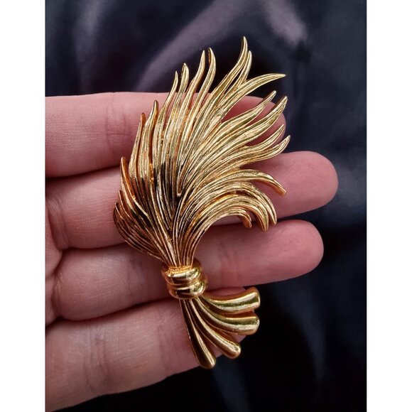 Vintage CAROLEE Signed 1980s Gold Toned Leaves Wheat Sheaf Plant Floral Brooch P - Picture 4 of 5